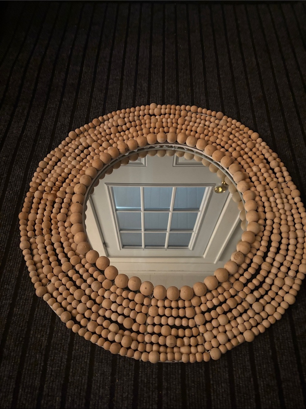 Beige Wooden Bead Round Wall Mirror - Decorative Home Wall Decor